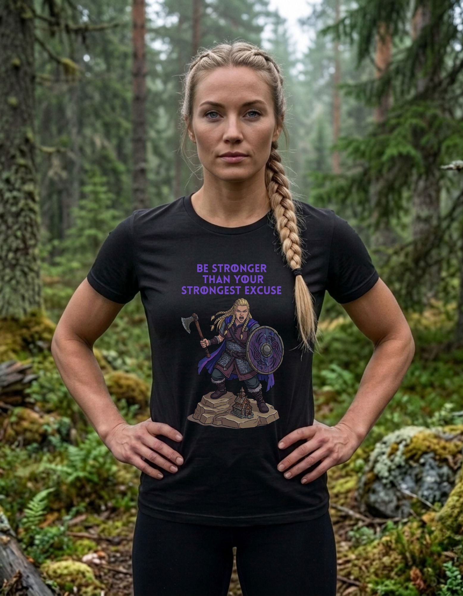A woman stands in a mossy forest wearing a black graphic t-shirt with a female Viking warrior design and the text 'BE STRONGER THAN YOUR STRONGEST EXCUSE' arched above in purple.
