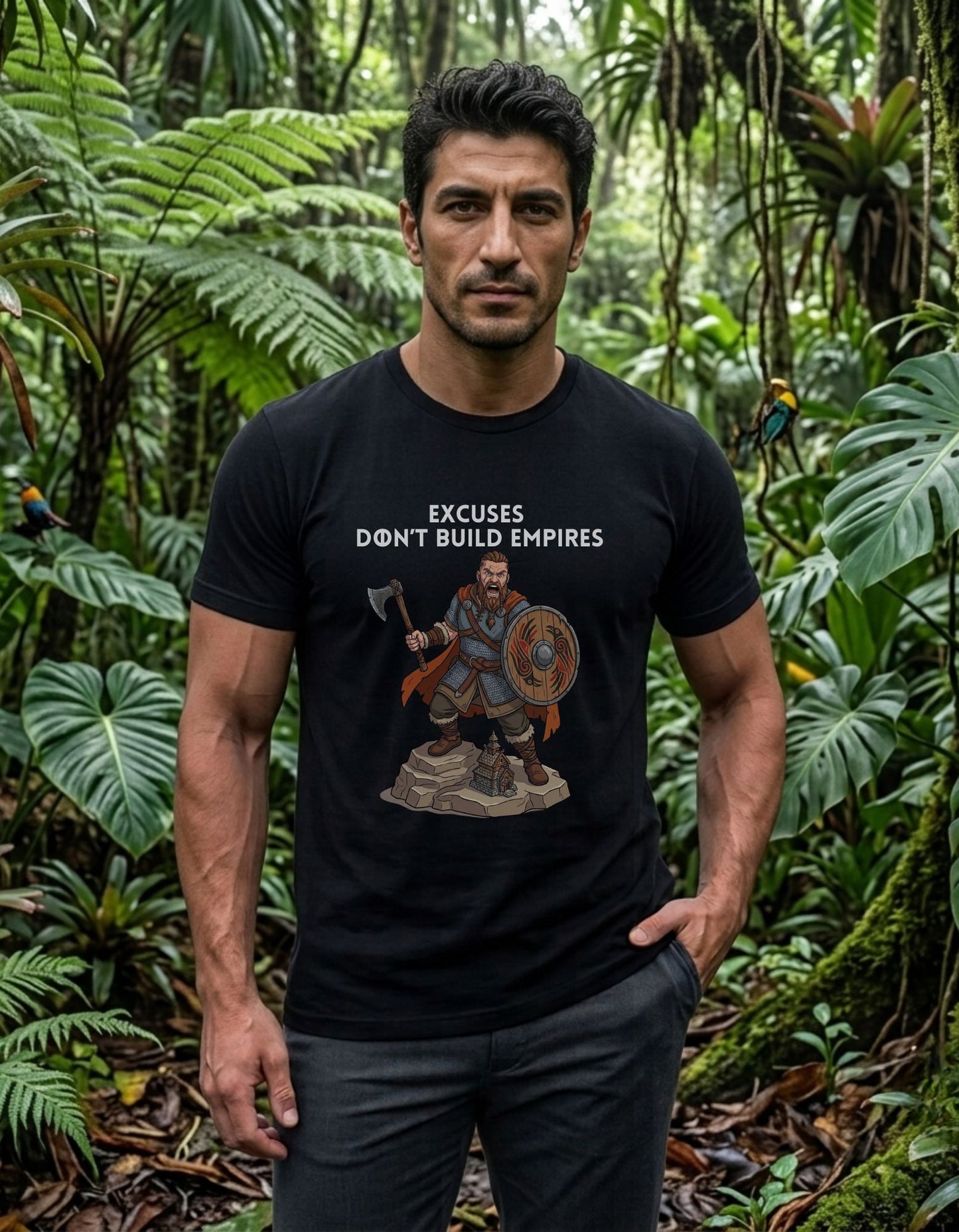 A man wearing a black graphic t-shirt with the text 'EXCUSES DON'T BUILD EMPIRES' and an illustration of a Viking warrior holding an axe and shield, standing in a lush green jungle.