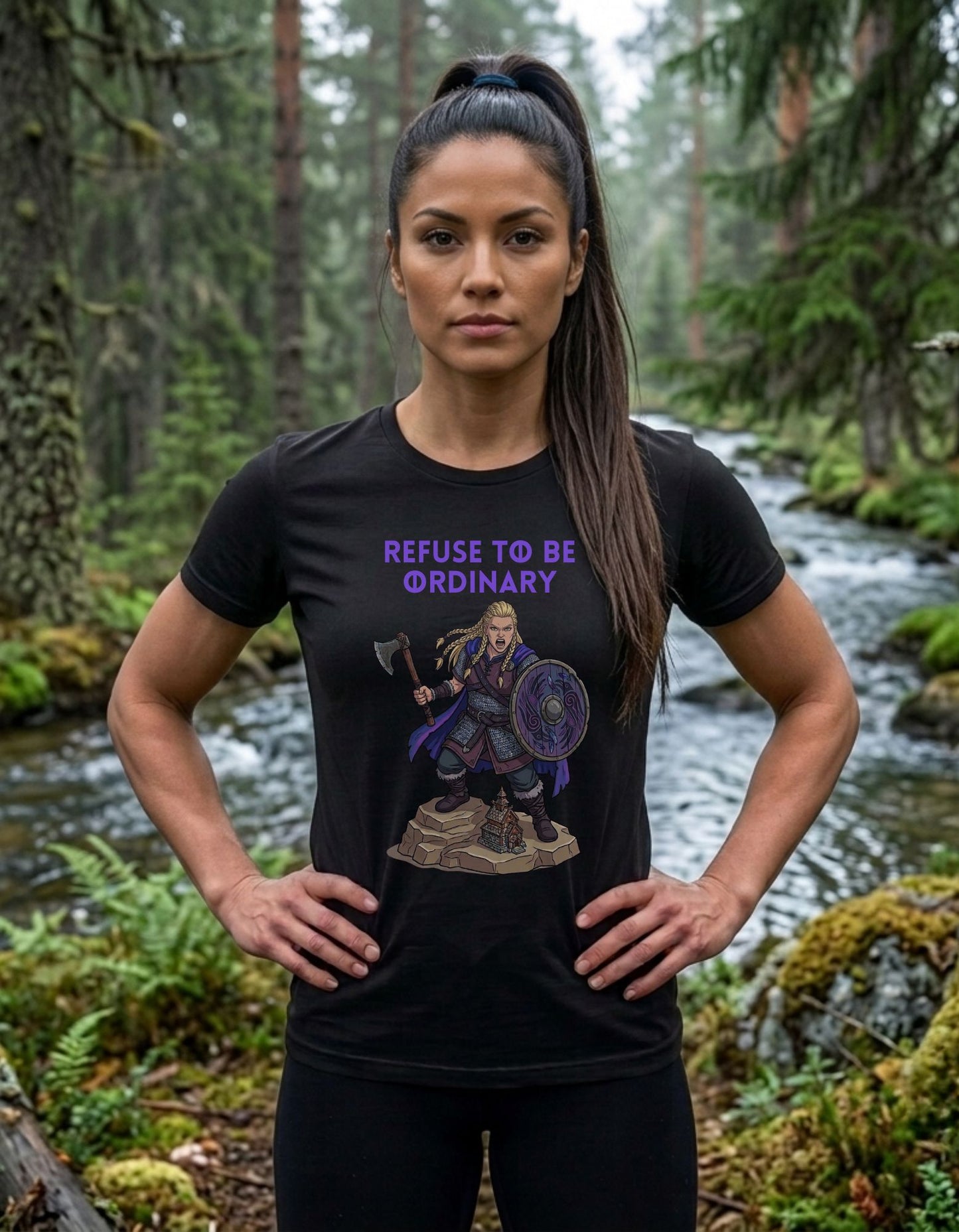 A woman stands outdoors in a forest with a stream behind her, wearing a black graphic T-shirt with purple text reading 'REFUSE TO BE ORDINARY' with a printed female Viking warrior illustration below the text.