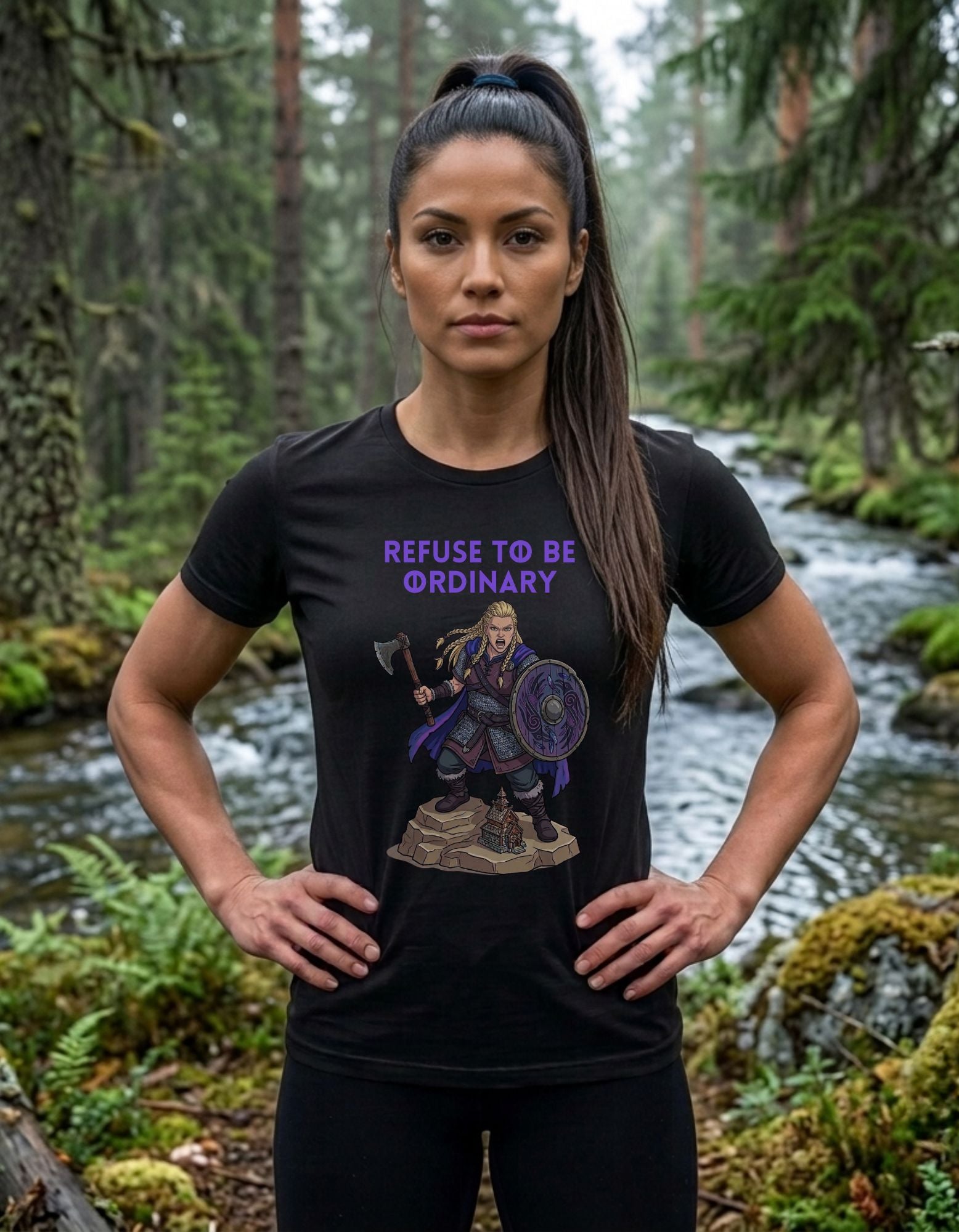 A woman stands outdoors in a forest with a stream behind her, wearing a black graphic T-shirt with purple text reading 'REFUSE TO BE ORDINARY' with a printed female Viking warrior illustration below the text.